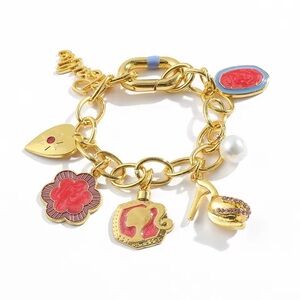 3 For $35 Barbie Theme Chunky Link Enameled Rhinestone Charm Bracelet Gold Tone